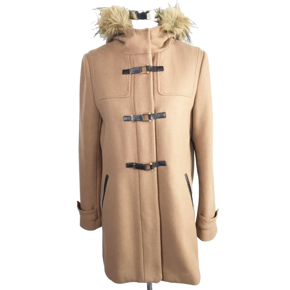 Cole Haan Coat Womens 8 Beige Wool Blend Faux Fur Hooded Toggle Old Money Luxury
